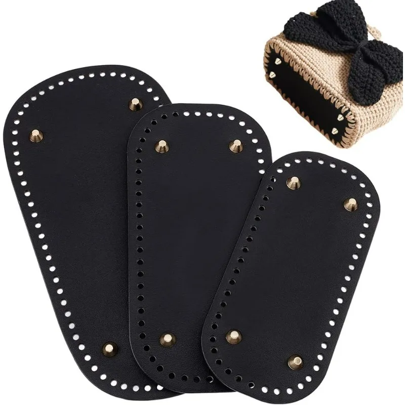 3pcs Black Purse Bottom for Crochet, 3 Sizes Bag Bottom Oval Leather Bottom Shaper Pads for Bags Cushion Base with Holes for DIY