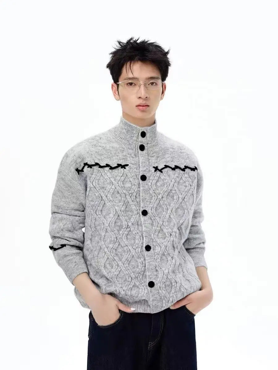 

Мужской вязаный кардиган с воротником-стойкой и ромбовидным узором в стиле ретро, свободный повседневный свитер для осени и зимы