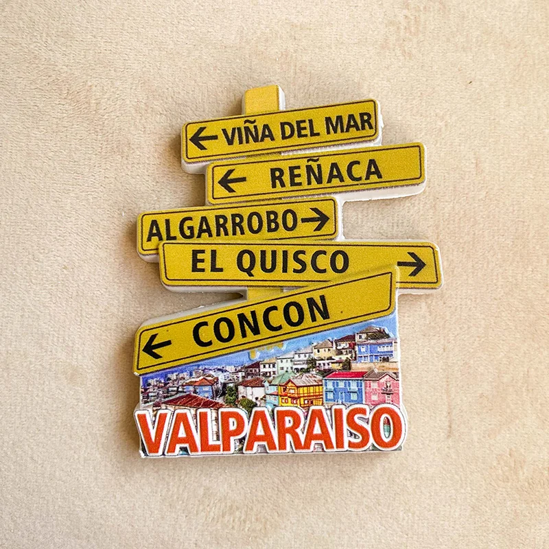 مغناطيس ثلاجة راتينج ثلاثي الأبعاد من Valparaiso تشيلي - مغناطيس زخرفي لطيف مع علامات الشارع مثل Viña del Mar & Concon للثلاجة