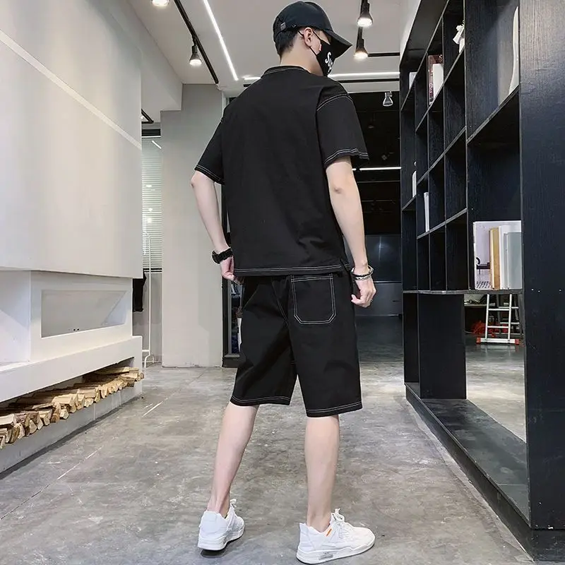 Spring Summer Fashion Short Sleeve Popularity Men's Clothing Korean Style Casual All Match Loose Rope Hombre Solid Sport Sets