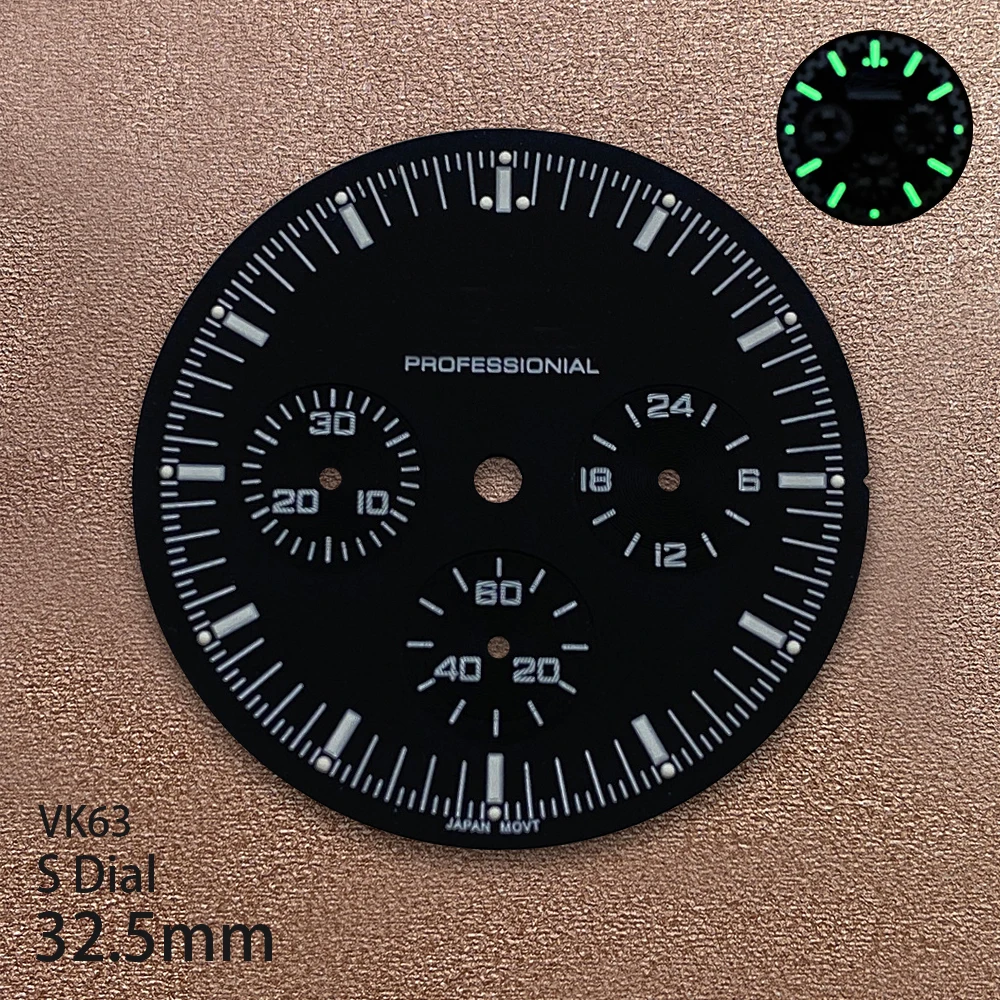 32.5mm S Logo Matte Dial Suitable For VK63 Movement Green Lminous Sunray Quality Watch Modification Accessories