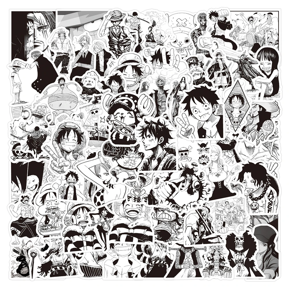 10/30/60/120pcs 원피스 애니메이션 낙서 스티커 Luffy Zoro 만화 스티커 헬멧 전화 수하물 자전거 블랙 화이트 만화 데칼