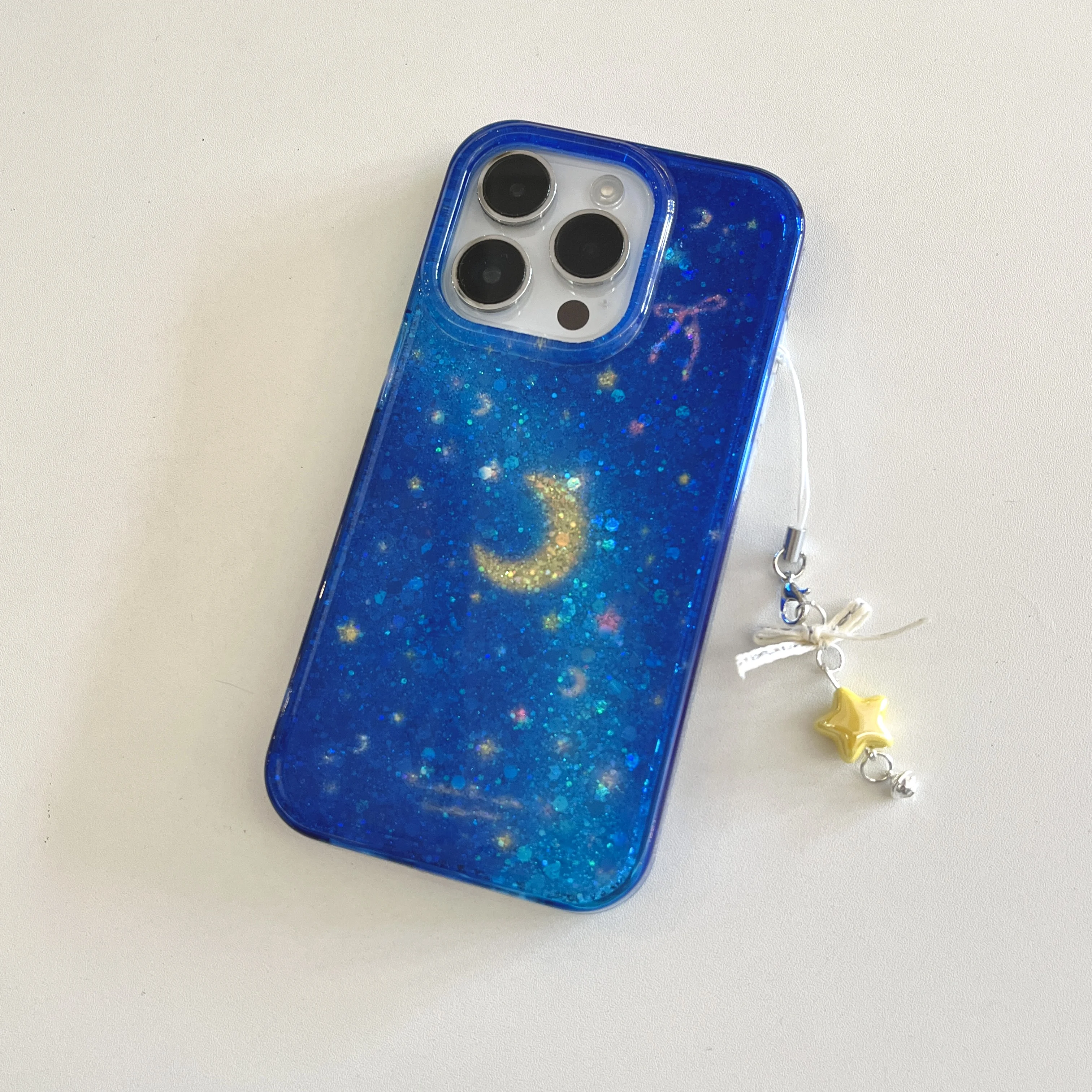 Creative Glittering Moonlit Night With Star Dangle Double Layers Phone Case for iPhone 16 15 14 11 12 13 Pro Max Plus Back Cover