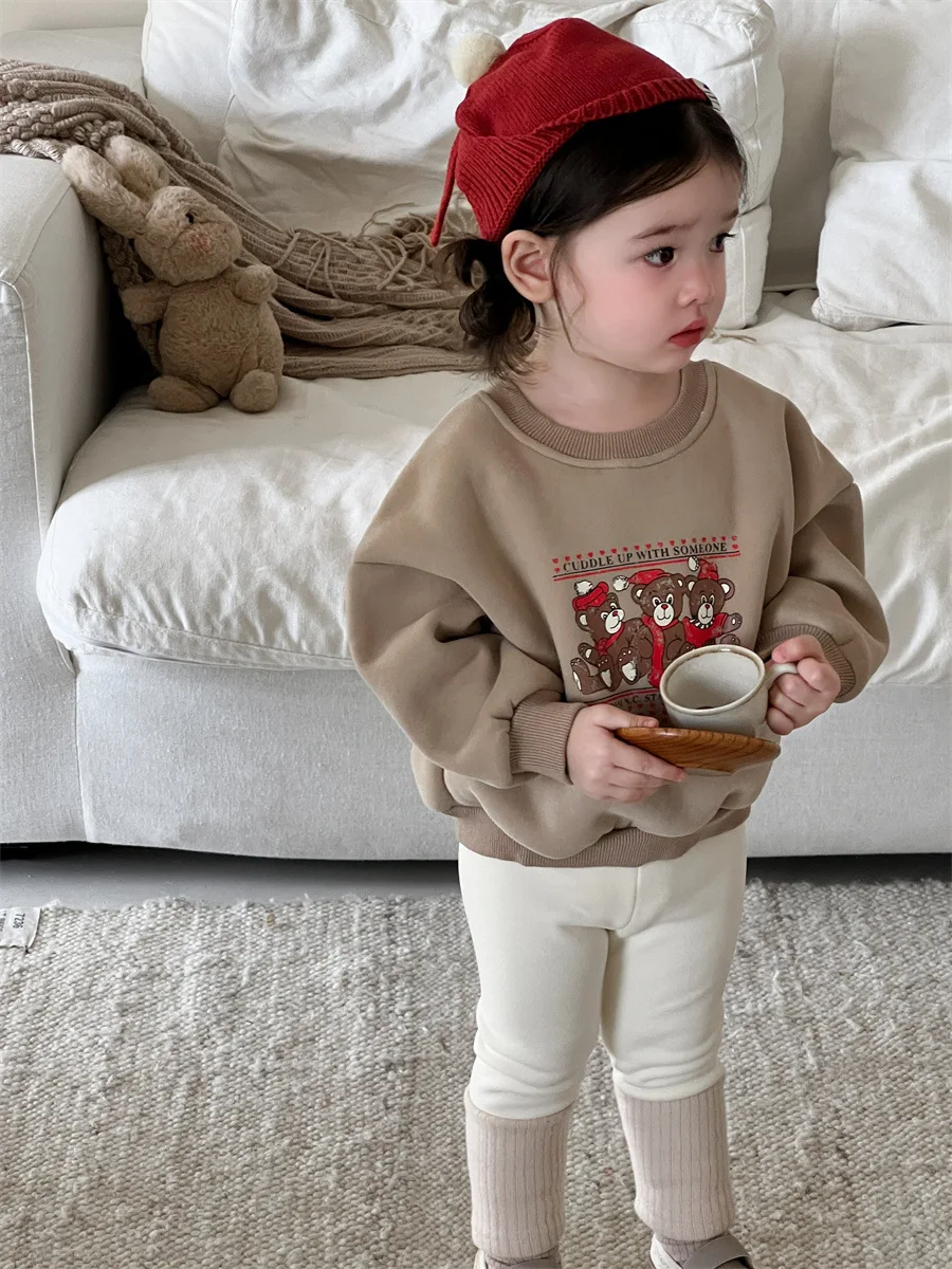 2024 Autumn New Baby Fleece Sweatshirt Infant Girls Cartoon Print Casual Pullover Plus Velvet Thick Warm Tops Toddler Clothes