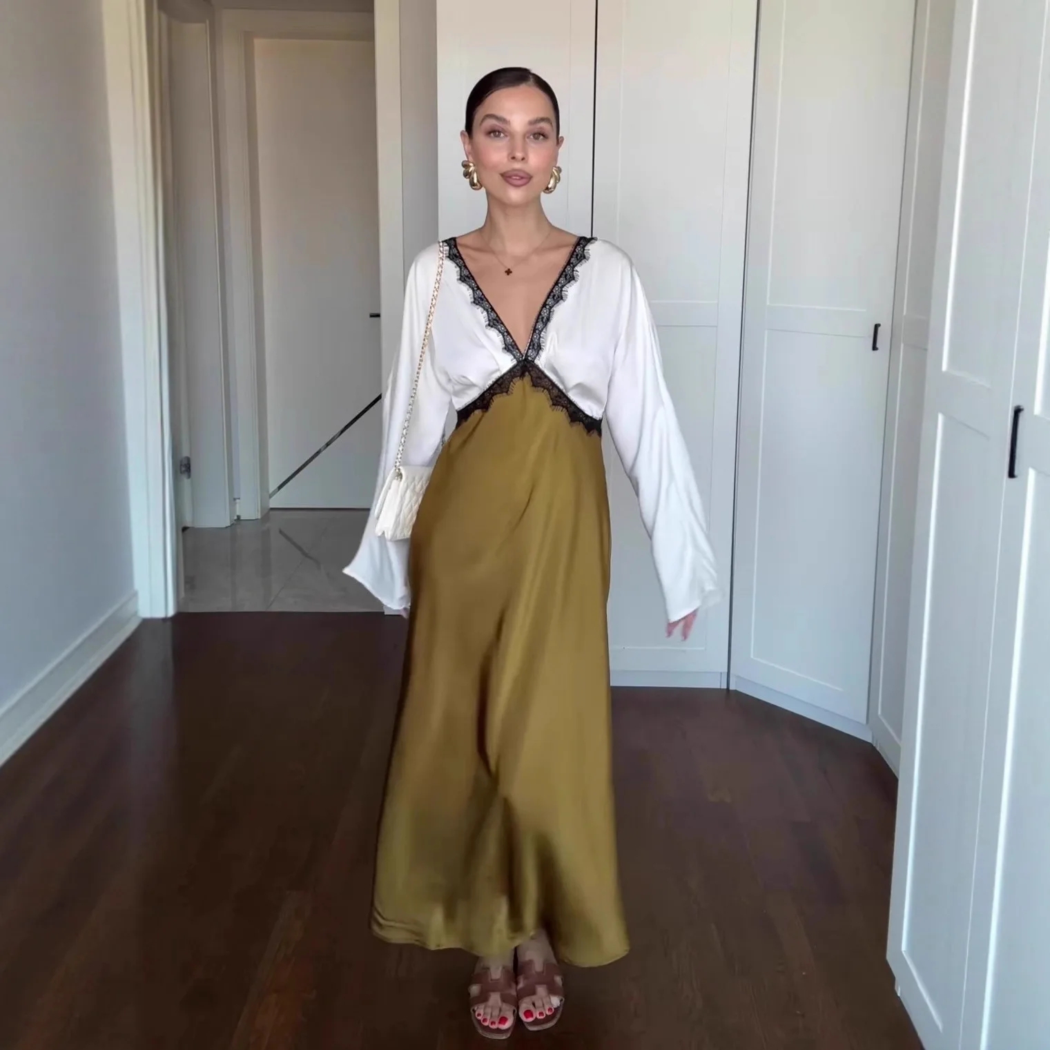 

Новое осеннее длинное платье 2025 года, кружевное лоскутное расклешенное элегантное платье с длинными рукавами