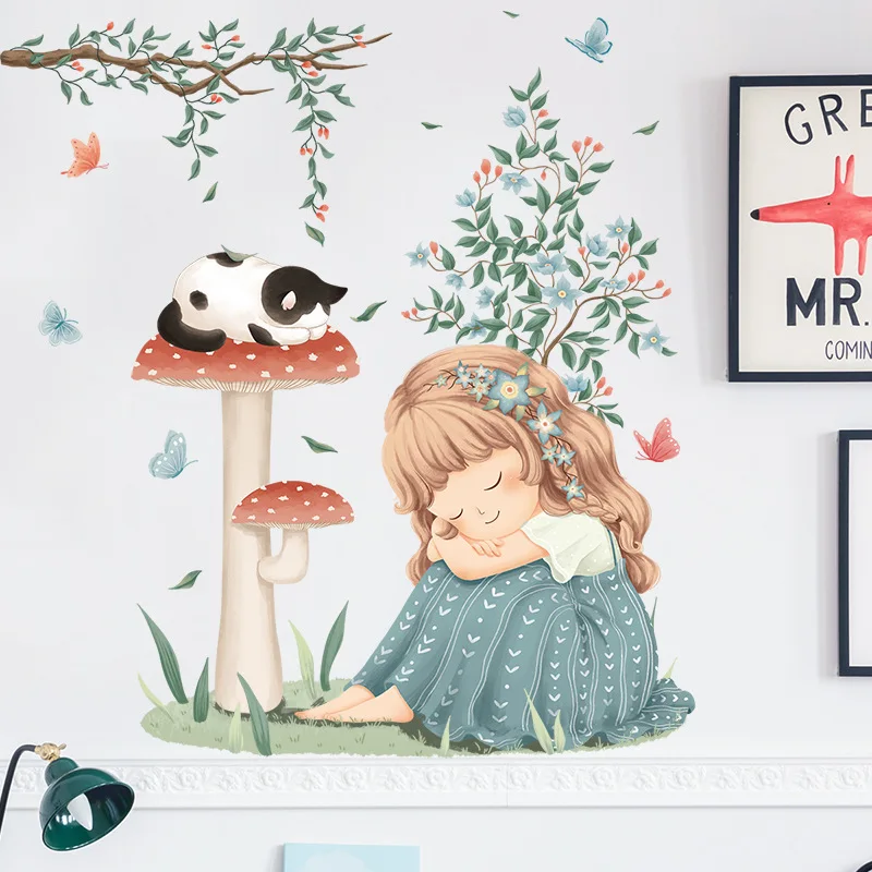 Adesivo da parete per cartoni animati per bambini Ragazza Foglie di vite fresche Decorazioni per la camera in PVC Accessori per la decorazione della casa Carta da parati autoadesiva