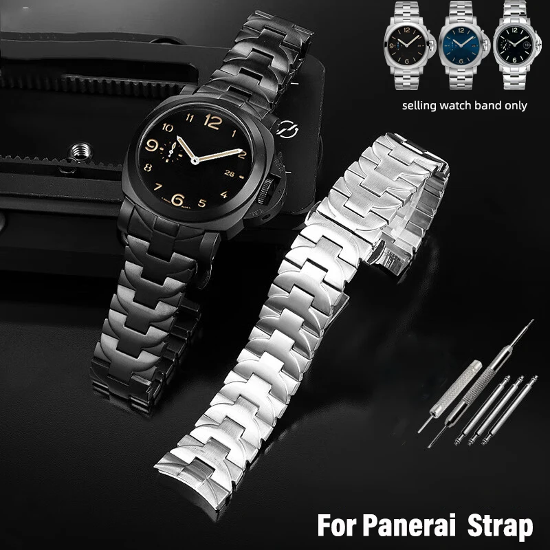 For Panerai PAM01441 PAM01316 PAM111 Series Curved End Solid Stainless Steel Watch Strap Men's Silver black Bracelet with tools