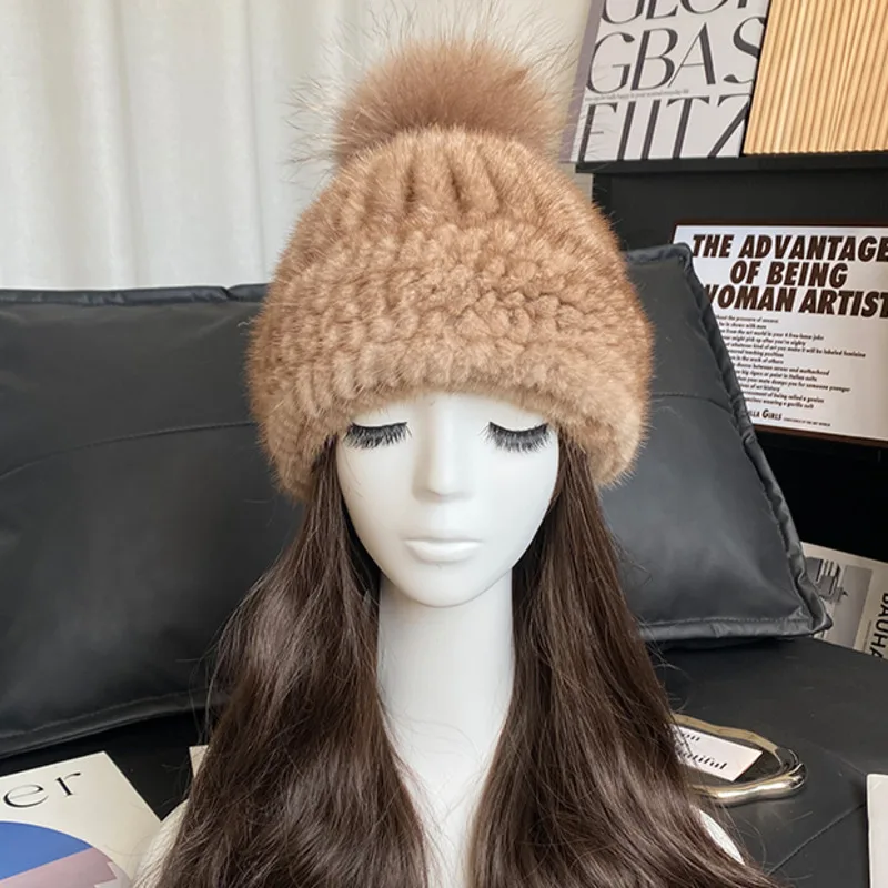 

Норковая вязаная шапка для женщин, зимняя теплая шапка из натурального меха для защиты ушей, модная шапка-бини с помпоном из лисьего меха на верху