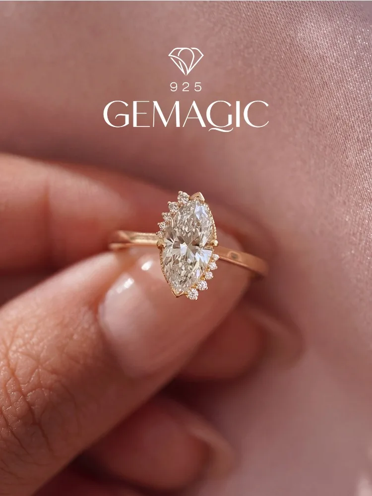 925 Sterling Silver Fashion Golden Marquise Zircon Ring For Women Engagement Wedding Simple High Quality Fine Jewelry