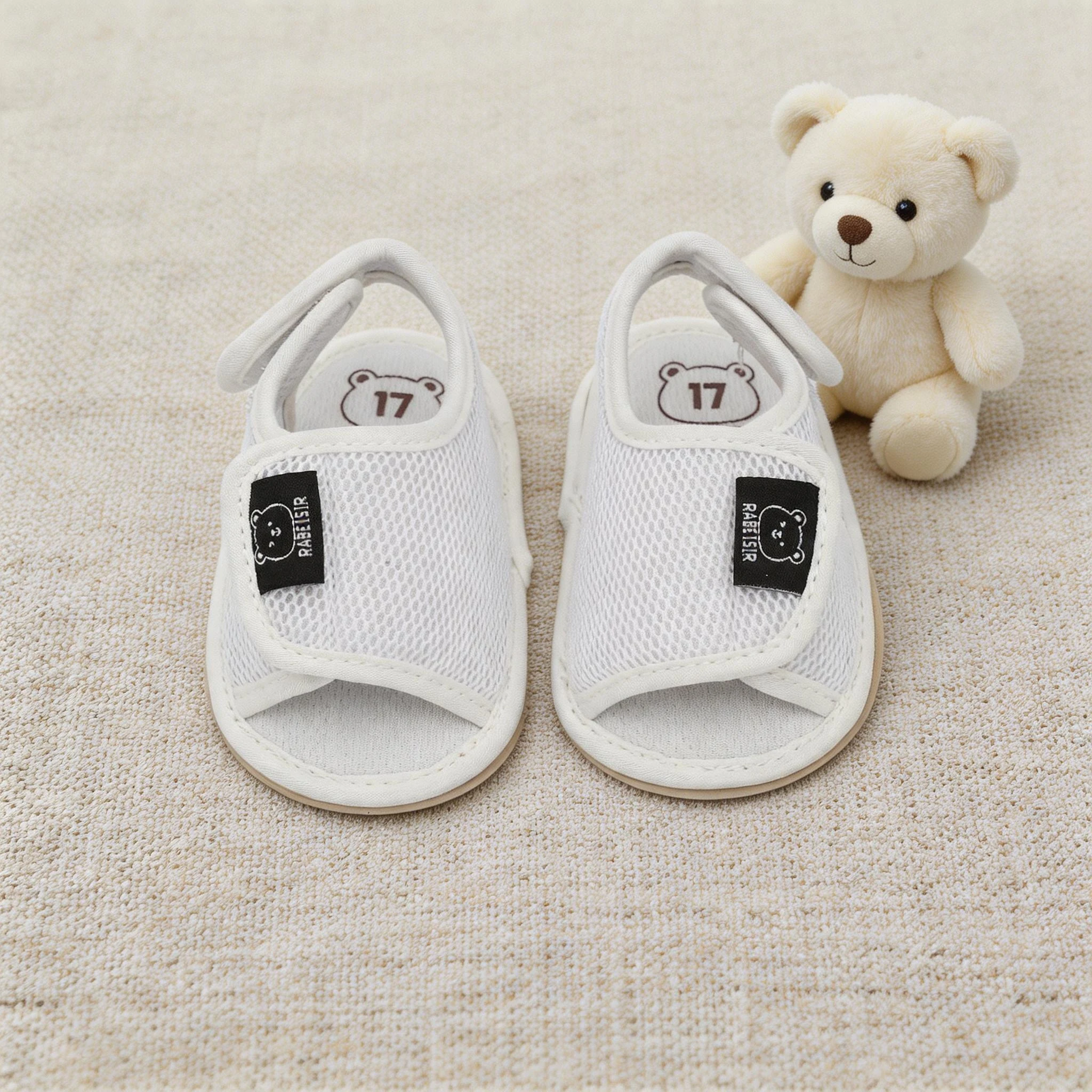 Minimalist Style Baby Sandals with Bear Woven Label, Double Velcro Closure, Open-Toe, Lightweight, Everyday Walking Shoes