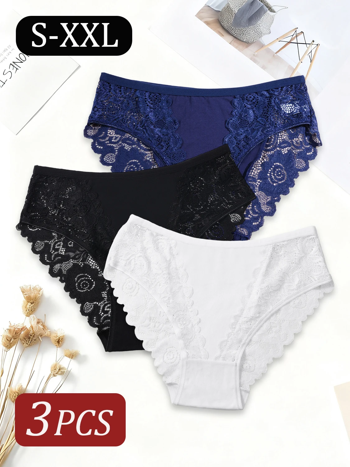 3PCS Elegant Sexy Floral Lace Cotton Patchwork Panties for Women Solid Color Comfortable Lingerie Hot Selling Underwear Ladies