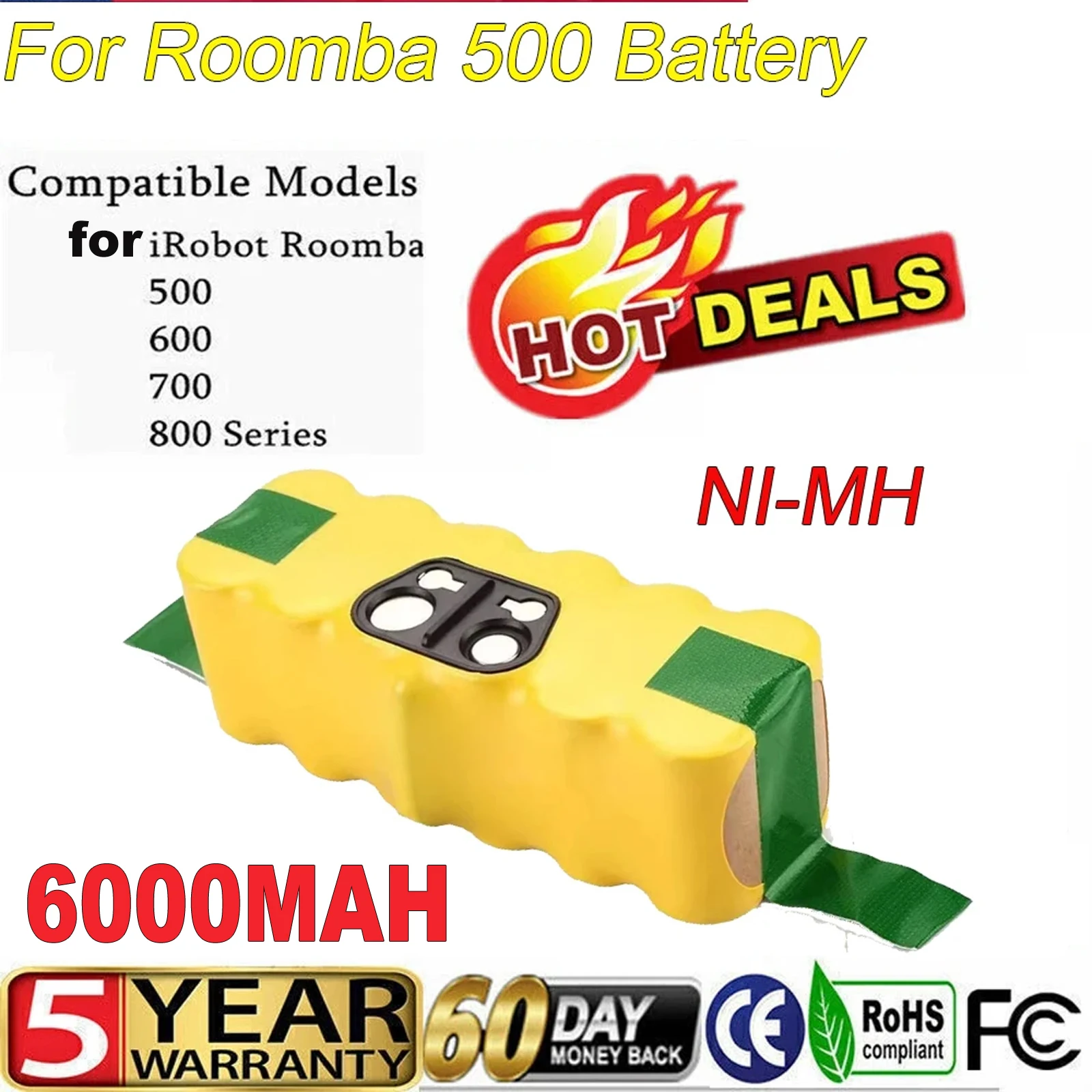 Batterie de remplacement NI-MH 14.4V 6000MAH pour aspirateur iRobot Roomba série 500 510 530 550 560 570 580 600 700 800 900