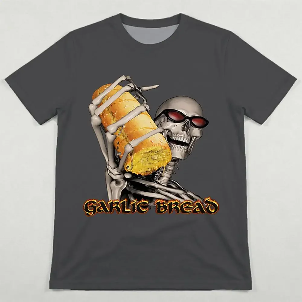 New Garlic Bread Funny Meme Graphic T-Shirt Men's Women's Skull Pattern Printed Tees Y2K Streetwear Funny Short-Sleeve Tops