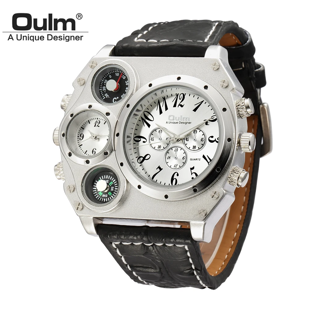 

Oulm 1349 Unique Designer Brand Men's Sports Watch Two Time Zone Quartz Watches Big Dial Military Leather Band Wristwatch
