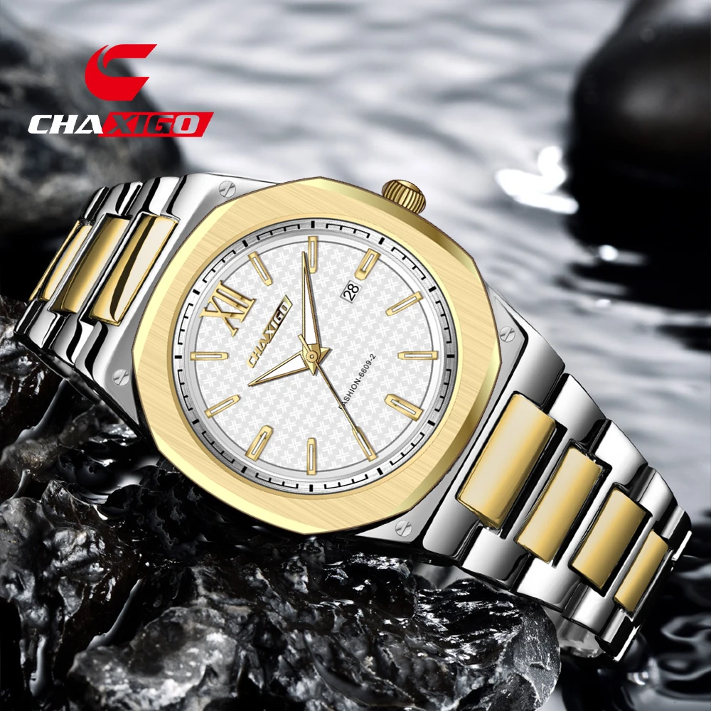 

CHAXIGO Men's Stainless Steel Watch 43mm Luminous Dial 30m Waterproof Date Display Fashion Screw Crown Casual Watch