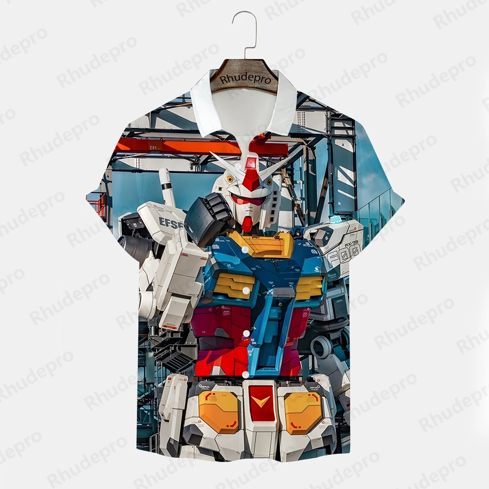 Men's Shirt 2024 Gundam Model Anime Clothing Trend Tops Oversized High Quality Shirts Y2k Children's New Short Sleeve