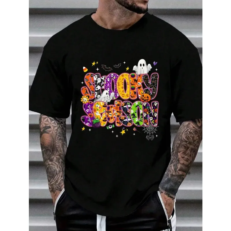 

Cute Ghost Groovy Happy Halloween Spooky Season Floral T-Shirt Short Sleeve Round Neck Cotton T Shirt For Summer Men's Clothing