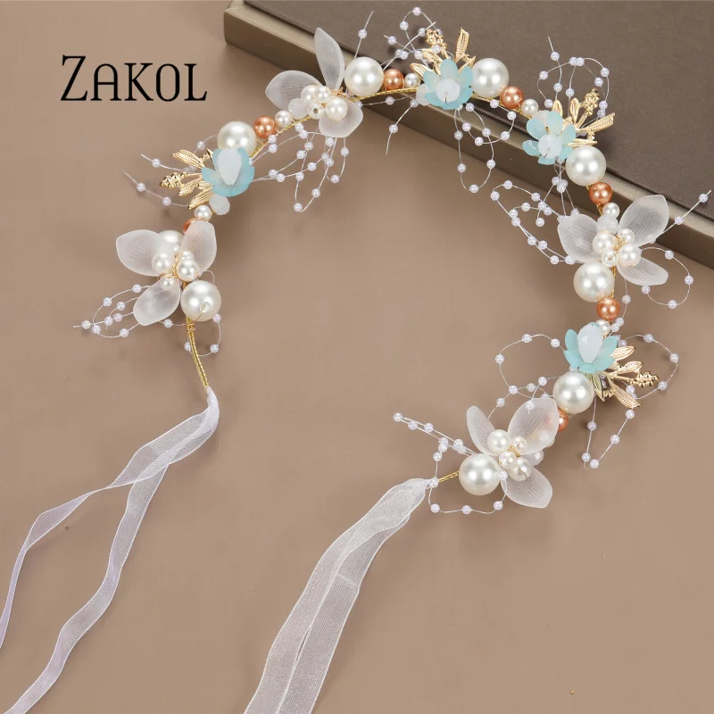 ZAKOL Fashion Blue Inlaid Pearl Flower Hair Ring For Women Children Princess Wedding Head Flower Fairy Hairpin Hair Jewelry