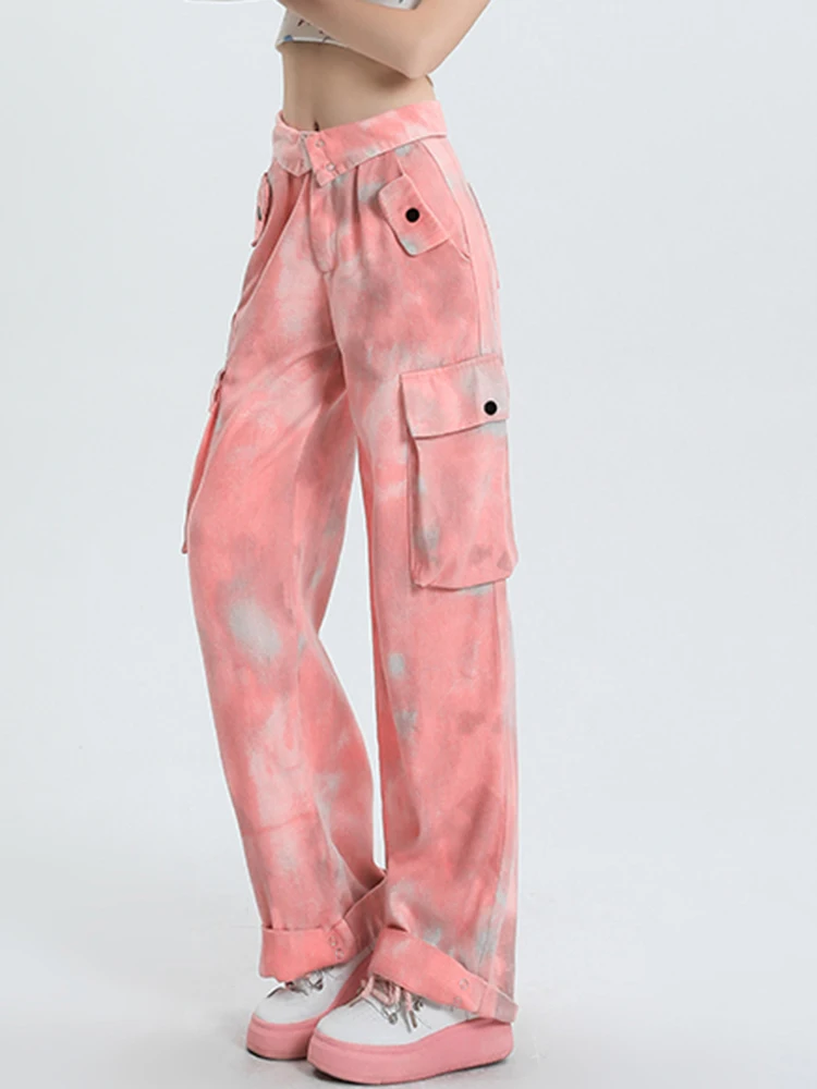 High Fashion Camouflage Women Street Pink Jeans Pockets Wide Leg High Waist Denim Pants Female Loose Streetwear Casual Trousers