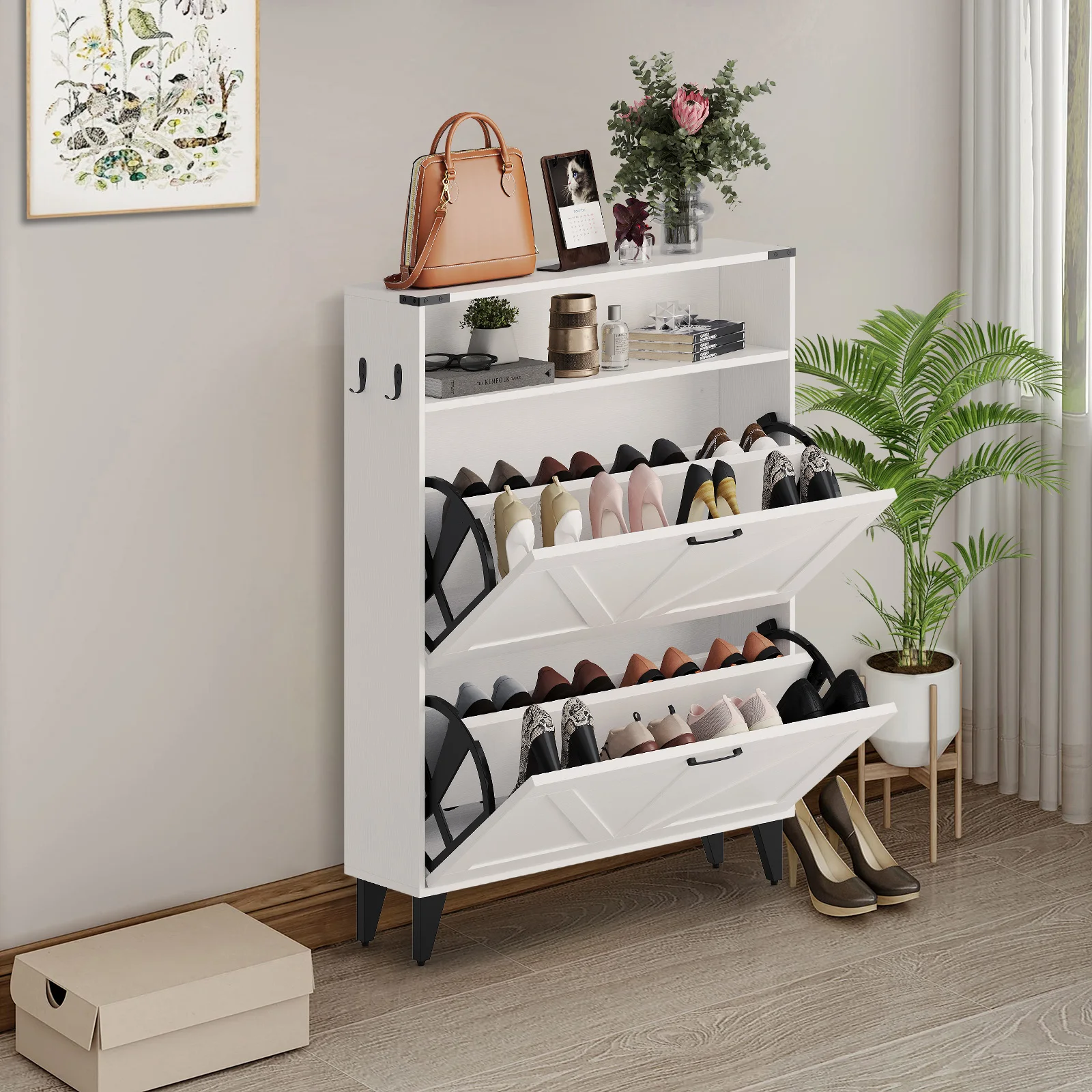 Shoe Cabinet with 2 Flip Drawers Front Door Shoe Rack with Metal Legs and Adjustable Shelf Shoe Rack for Front Door Entrance