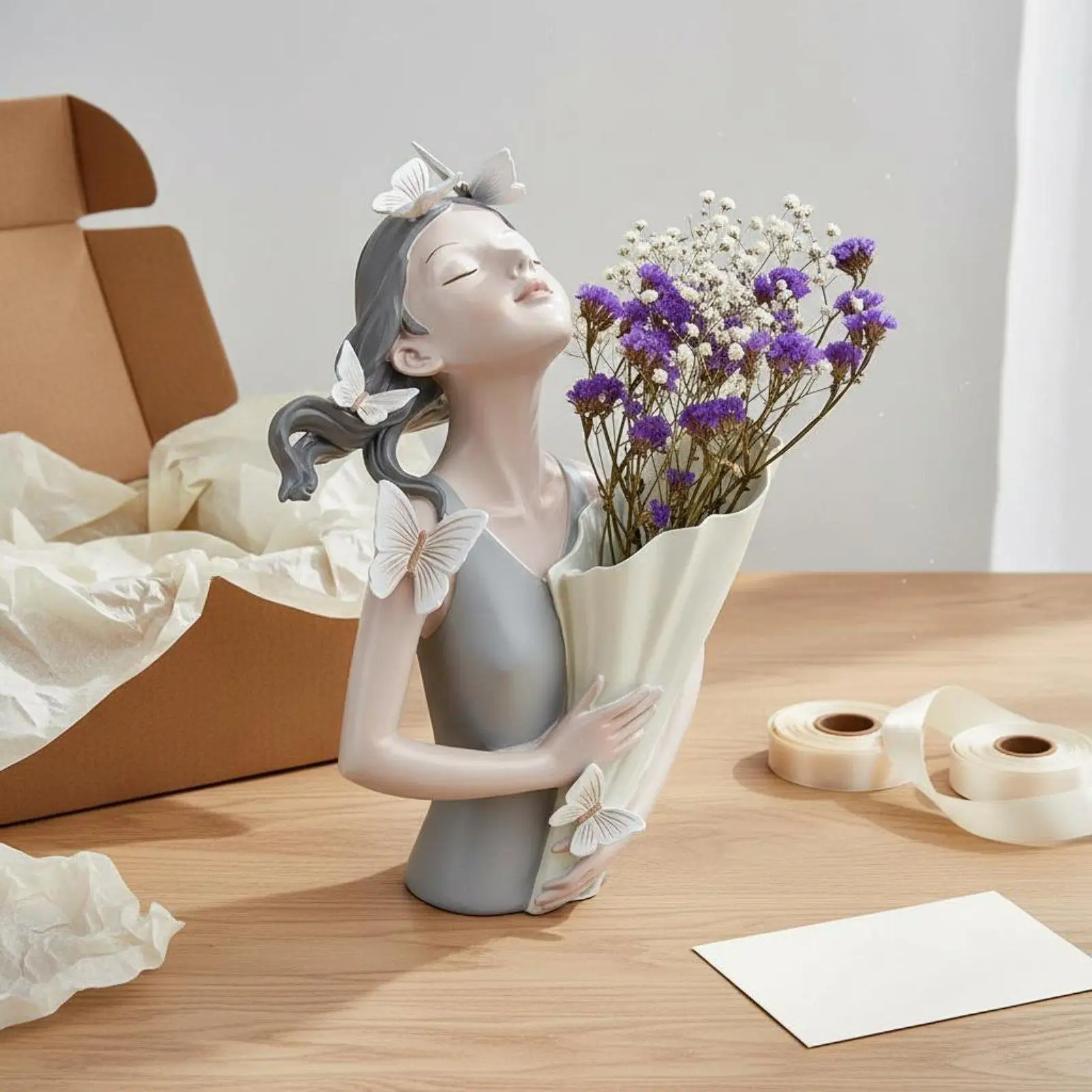 Creative Butterfly Resin Vase Luxury Flower Holder Sculpted Girl Statue for Modern Office Decoration and Interior Accents