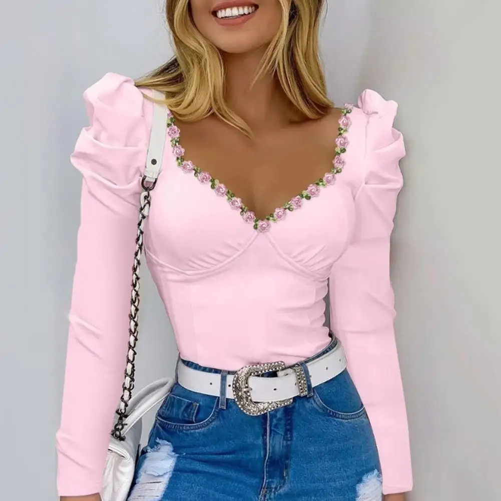 Women Puff Sleeve Top Lace Webbing V-neck Shirt Women’s Square Collar Puff Sleeve T-shirt Flower Decor Top Solid for Spring