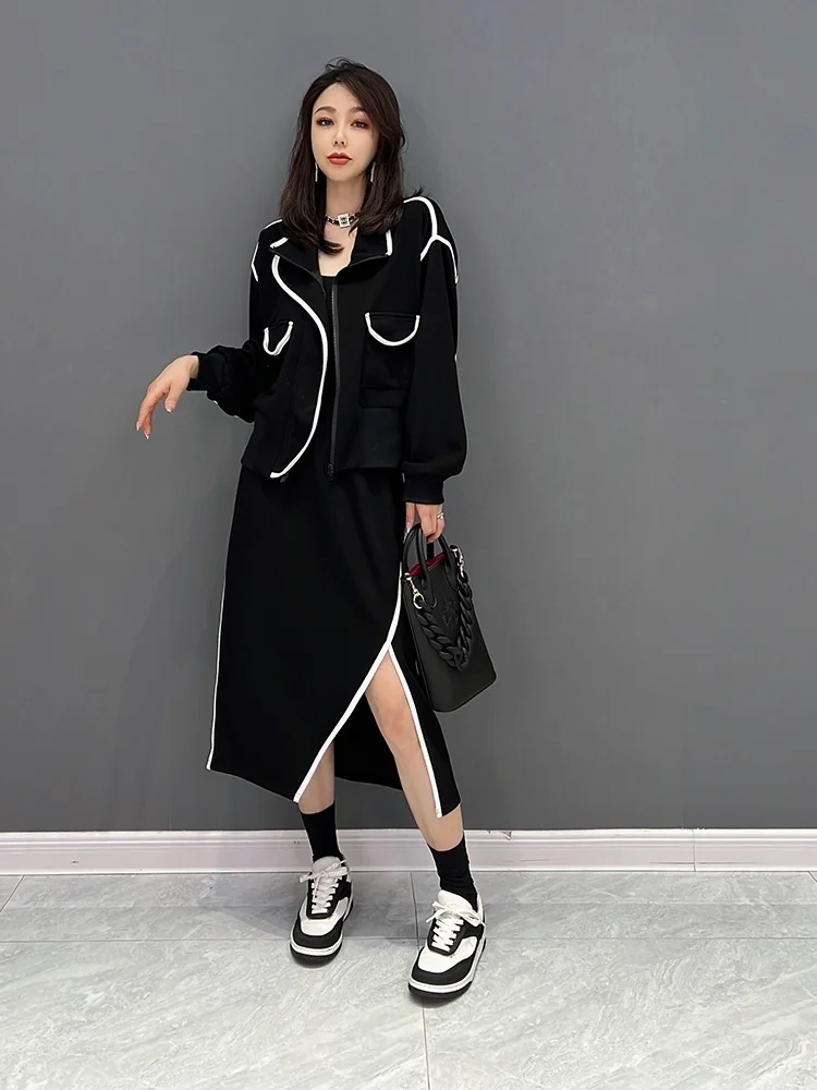 Vefadisa Stripe Splicing Zipper Cardigan Coat Suit Women + Elastic Waist Irregular Split Skirt Suit 2025 Spring Autumn LHX2103