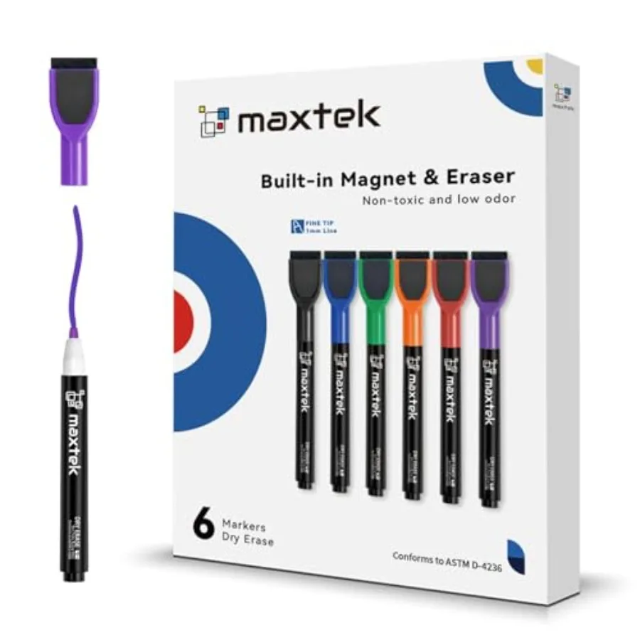 Dry Erase Markers - 6 Count Colorful Magnetic Dry Erase Markers Fine Tip with Eraser, Low Odor Whiteboard Markers for Calendar
