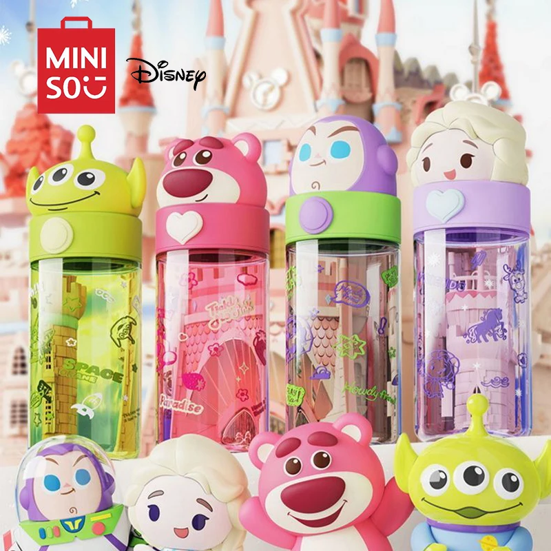 MINISO Disney 500ML Elsa Water Bottle Transparent Cartoon Lotso Water Bottle Cute Buzz Lightyear Hand Holding Cup Girl Boy Gift