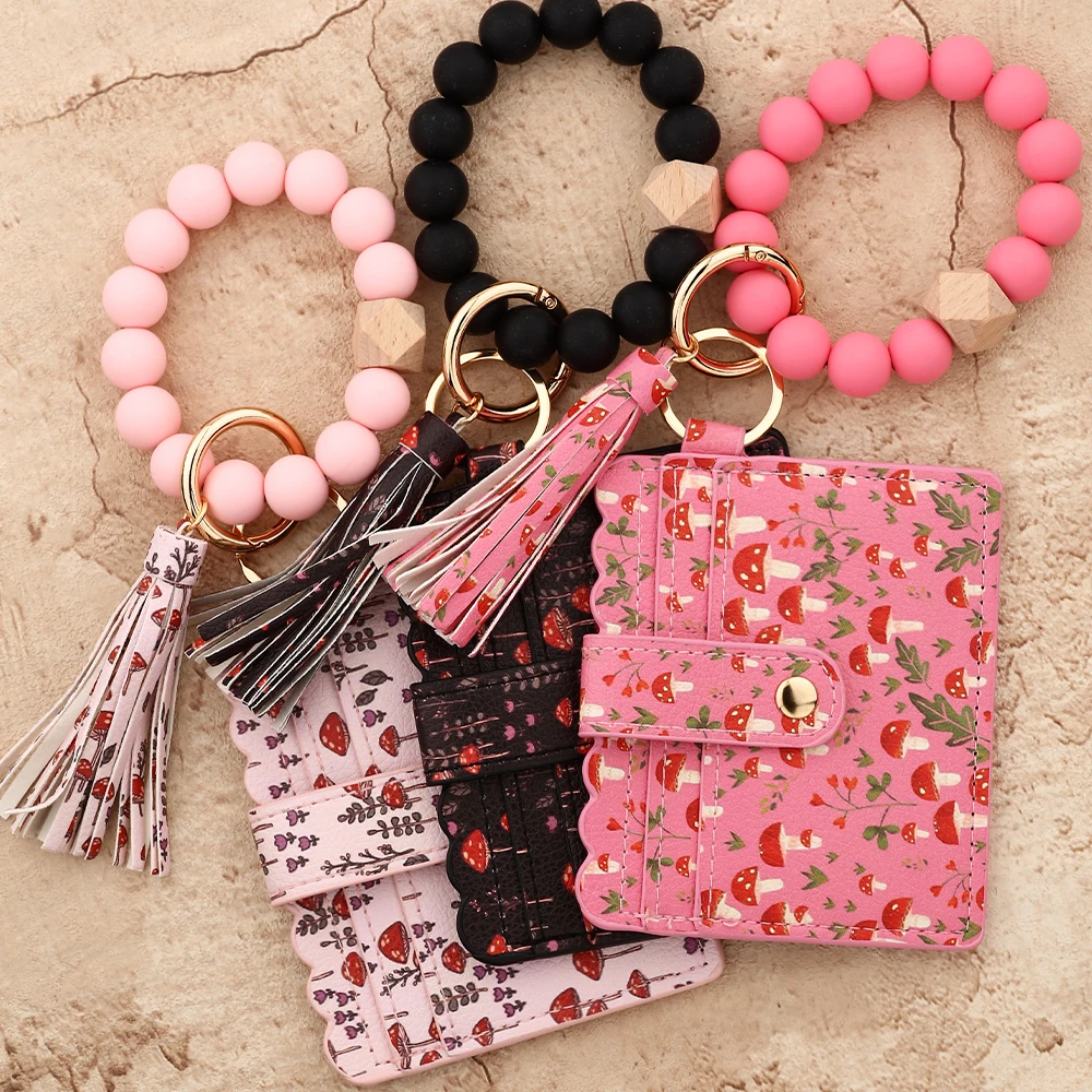 2025 Silicone Bead Bracelet Ocean Print Leather Card Bag Wristlet Keychain Mushroom Fruit Leather Wallet Bangle view 3