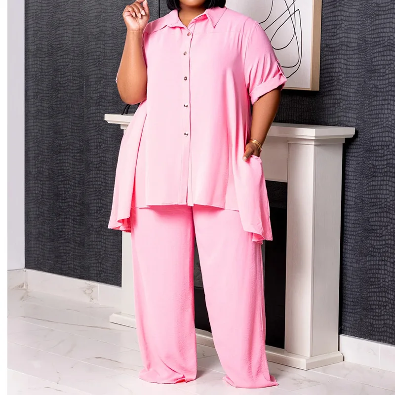 Slergiri Women's Plus Size Two 2 Piece Set 2025 Summer Turn-down collar Button Long Shirt Top And Wide-leg Pants Woman Sets