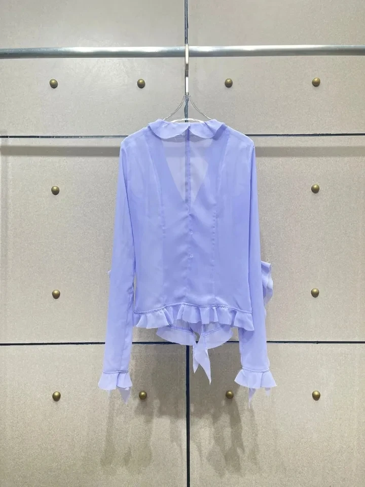 2024SS Summer Sexy New Women Sheer Ruffles Long Sleeve V Neck Shirt Blouse for Female 2 Color