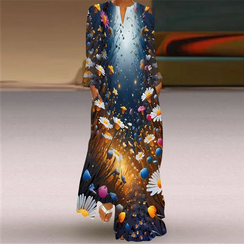 2024 autumn New Women's maxi dress V-neck Long Sleeve Pocket Printed Loose Dress Fashion Chinese Red Pullover Long dresses