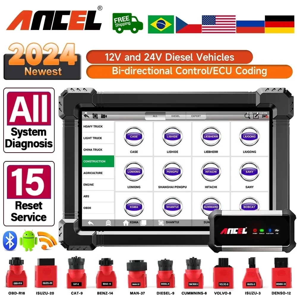 Ancel x7 hd 24v 12v diesel schwere lkw diagnose werkzeuge alle system bidirektion ale abs öl ecu 15 reset obd2 lkw scanner