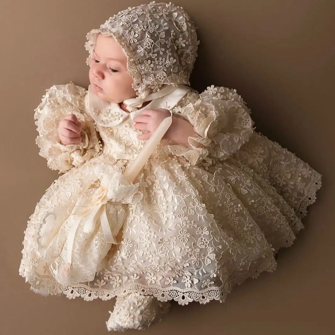 Luxury Christening Gowns for Baby Lace Appliqued Full Sleeves First Communion Dresses Infant Toddler Girls Baptism Dresses