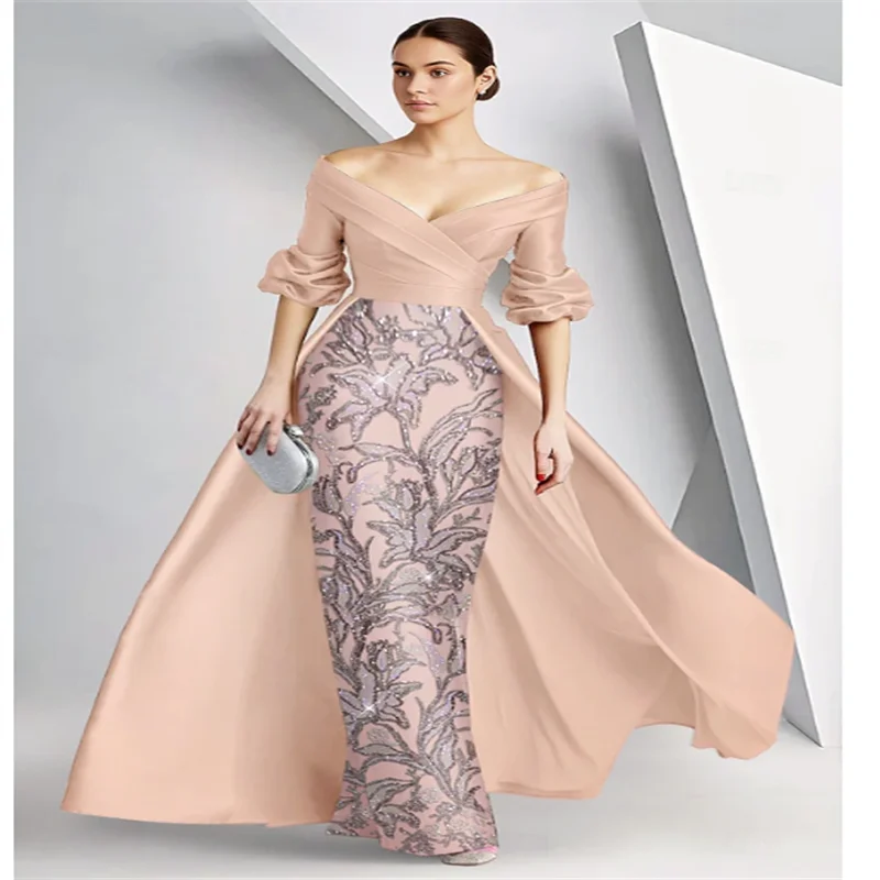Vestidos de noite de comprimento total, elegantes, ombro de fora, manga curta, decote em v, convidado de casamento, baile, tecido de renda, costas em v com capa