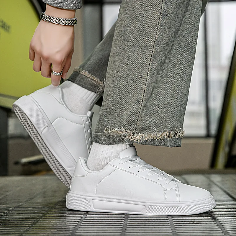 Men's Shoes White Sneakers PU Leather Solid Men Casual Shoes Lightweight Soft Women Vulcanized Shoes Couple Lace-up Running Shoe