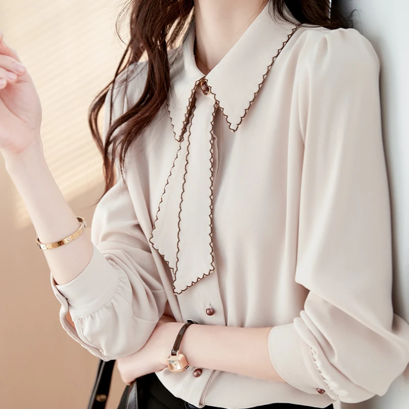 Elegant Long Sleeve Women's Blouse Fashion Slim Shirts Spliced Bright Line Decoration Women Tops Ribbon Button Up Women Shirt