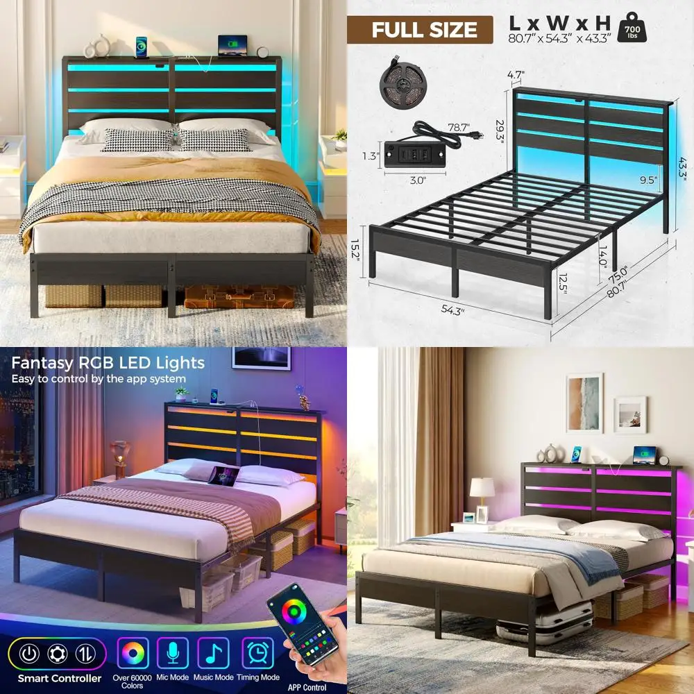 

Full Size Black Metal Platform Bed Frame with USB Charging and LED Wood Headboard Storage