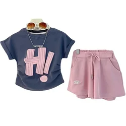 Girls Clothes Sets New Summer Children Short-sleeved Suit Teenage Girls Letter T-shirt Shorts Tracksuit Outfit Clothing Set