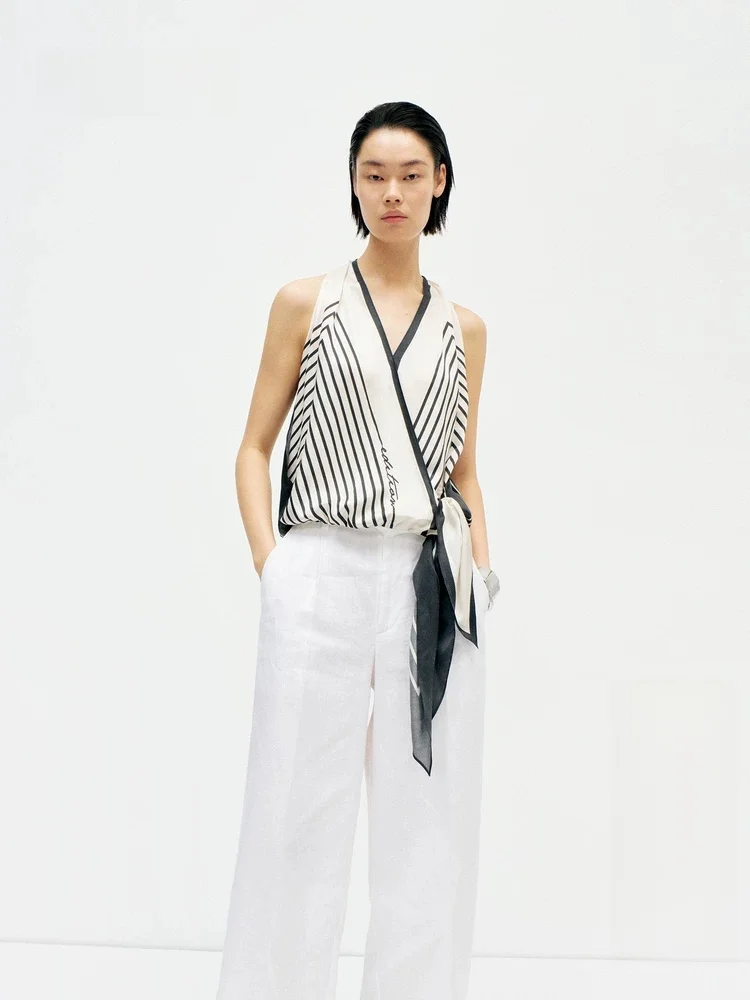 

Summer New Edition Women's Vest with Silk Scarf Knot Design Stripe Pattern Holiday Style V-Neck Sleeveless Fashion Top