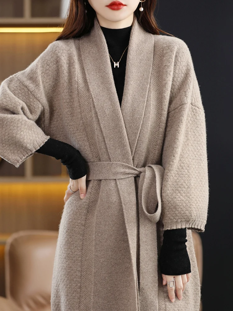 Cashmere cardigan women\'s long fashion V-neck sweater 100% Merino wool twisted long coat thick coat in autumn and winter