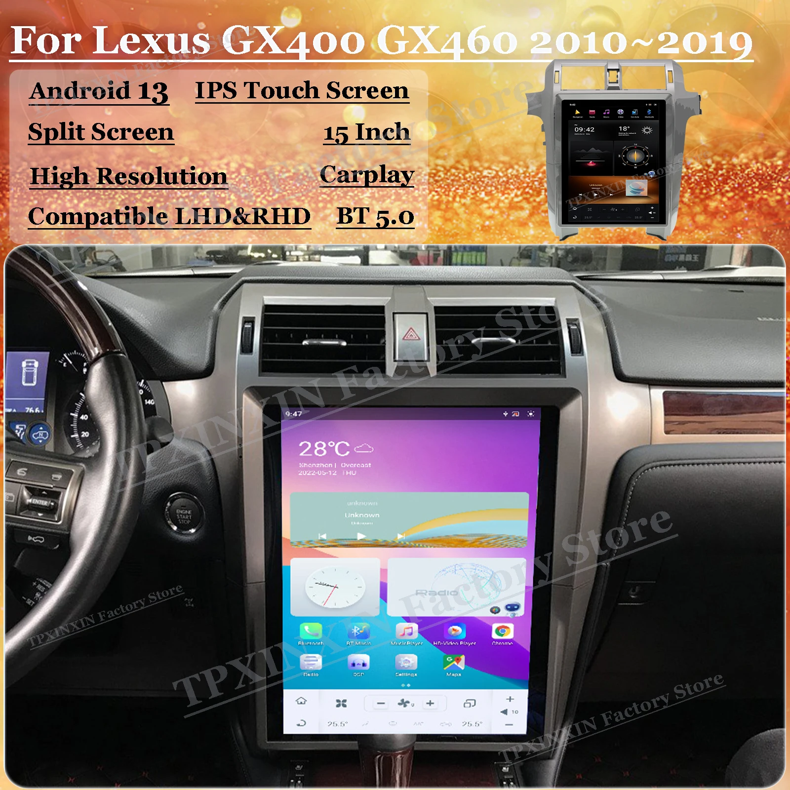 15 Inch Qualcomm Android Auto Touch Screen ForLexus GX400 GX460 2010~2019 GPS Audio Radio Car Stereo Multimedia Player Head Unit