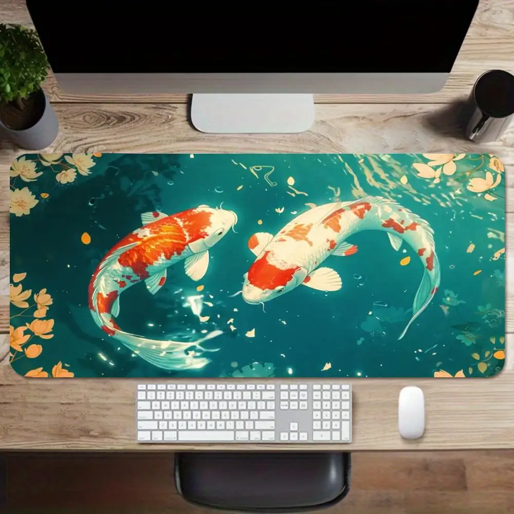 Lotus Pond Koi Large  Mat High Definition Printing Fresh Chinese Style Non-Slip Stitched Edge Mouse Pad for Office Study Gaming