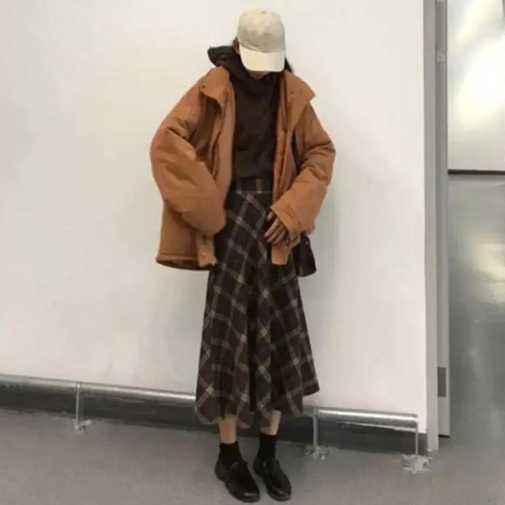 Hohe Taille Retro Plaid Rock Slim Fit Winter Autumu Hohe Taille Langer Rock Adrette Ästhetische A-linie Halbes Kleid Mädchen – Detail 10
