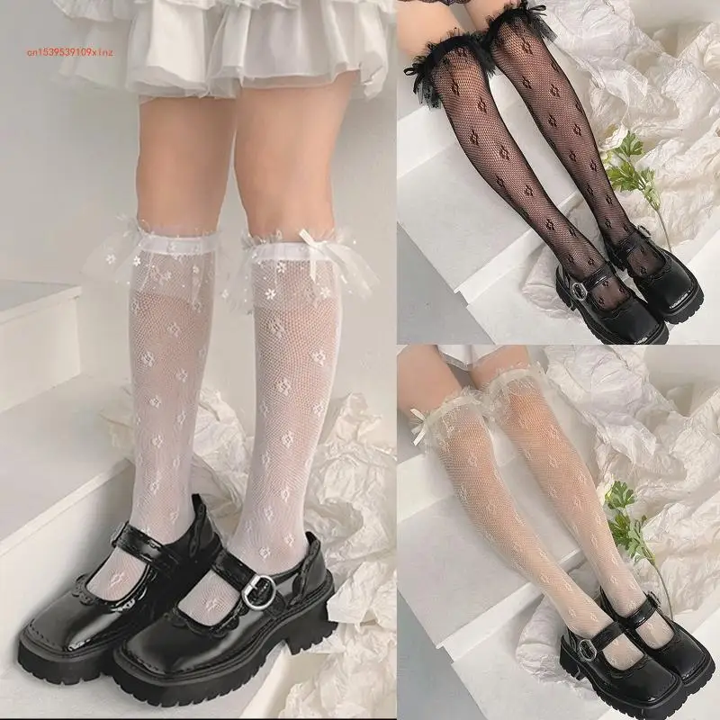 Phụ Nữ Nhật Bản Gothic Ren Trên Đầu Gối Ngọt Frilly Xù Lông Viền Nơ Hoa Dạ Nỉ Fishnet Đùi Cao Cấp Stocking