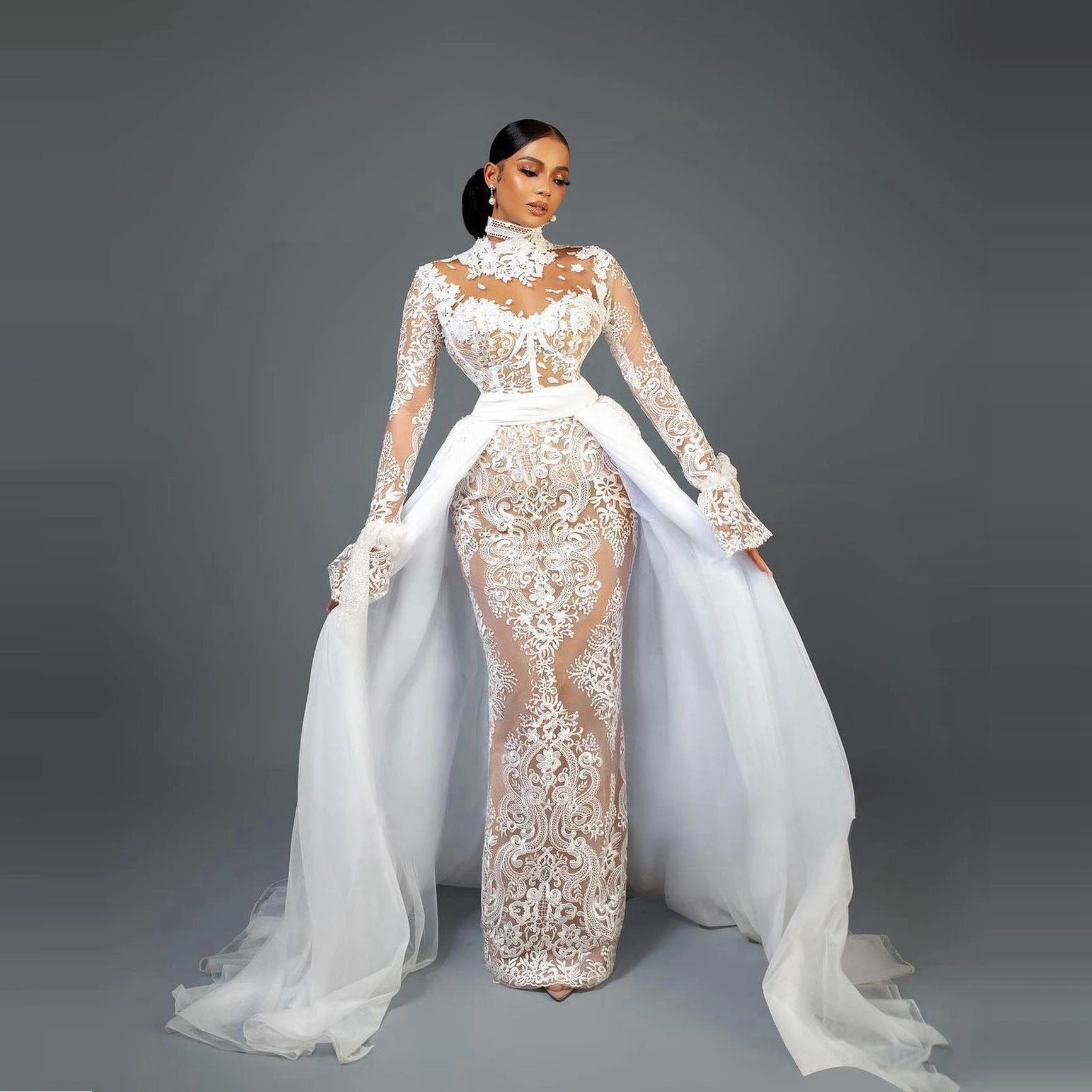 Luxury White Lace Wedding Dress Detachable Train Long Sleeves High Neck See Thru White Bridal Gowns Aso Ebi Black Girls 2024