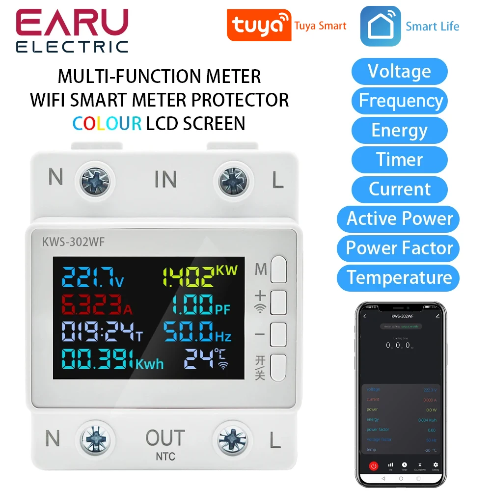 

TUYA WiFi Smart Power Meter Over Under Voltage Protection Relay Switch Circuit Breaker Energy kWh Temperature Meter Smart Life