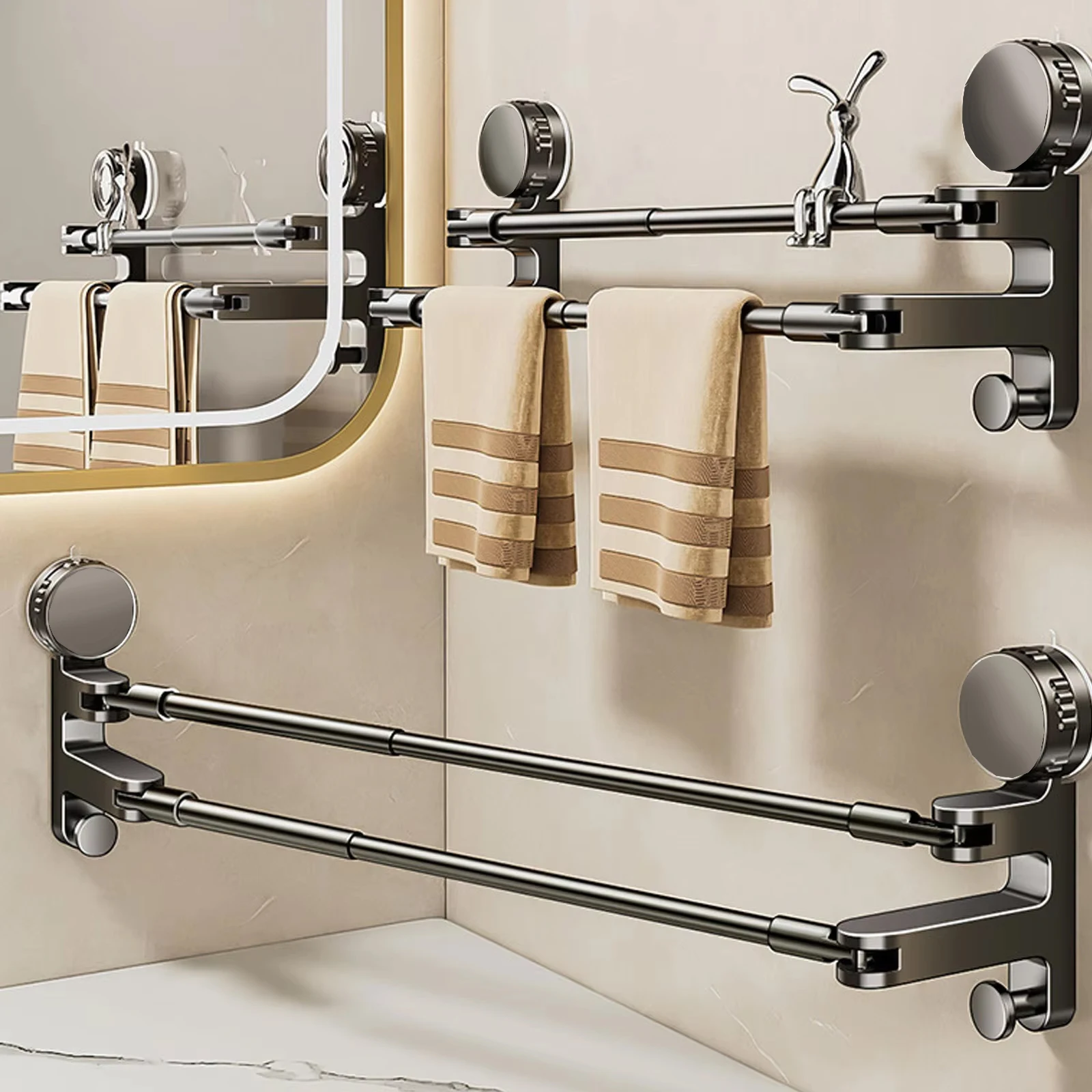 Adjustable Bathroom Hand Towel Rack Suction Cup Towel Holder Wall Mount No Drill Mount 50-85cm Towel Bar Aluminium with Hook