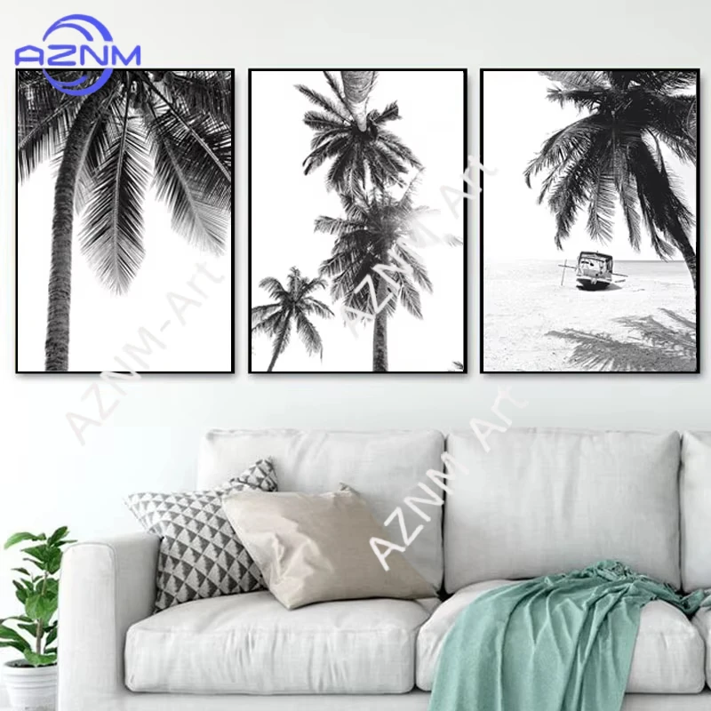 1/3pcs Nordic Tropical Palm Tree Canvas Painting Black White Beach Poster Print Landscape Wall Art Picture For Living Home Decor
